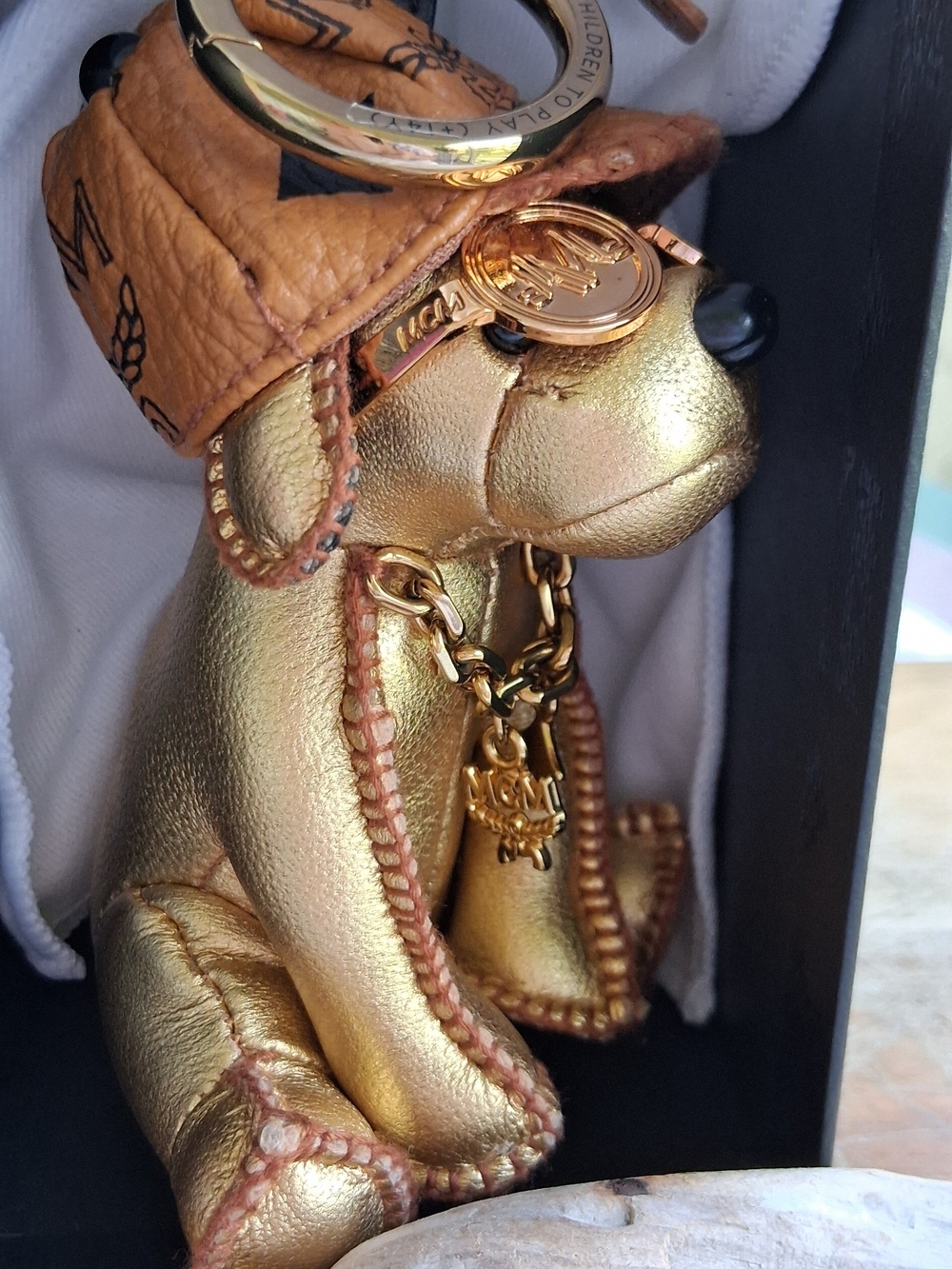 MCM Gold Leather Dog Key Charm with Sunglasses - Picture 4 of 11